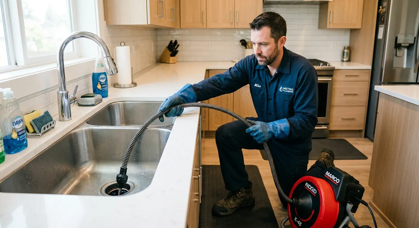 Drain cleaning technician using a motorized snake on a kitchen sink in Applewood