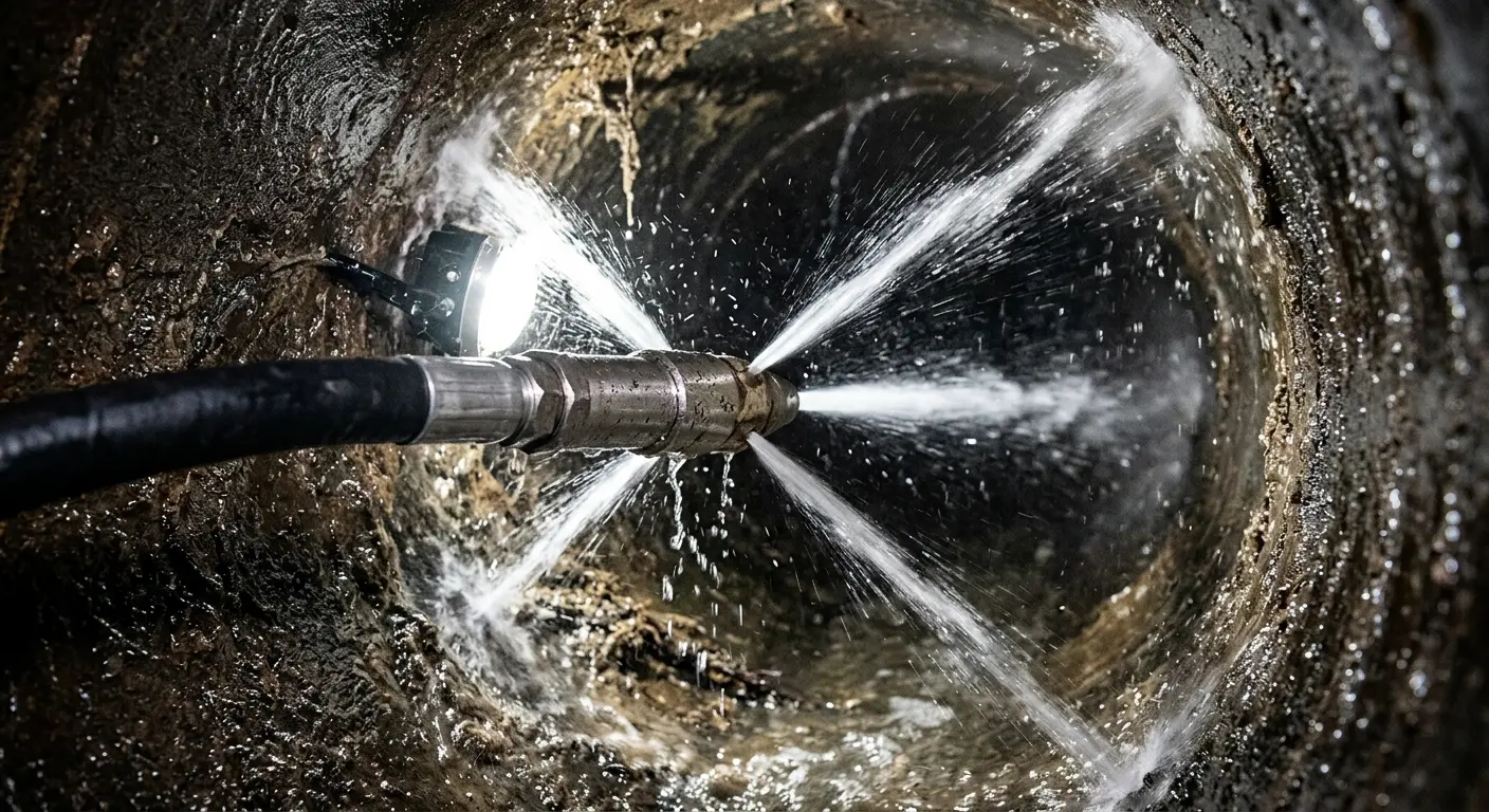 High-pressure hydro jetting nozzle cleaning sewer pipe for Trenchless Sewer Repair in Applewood