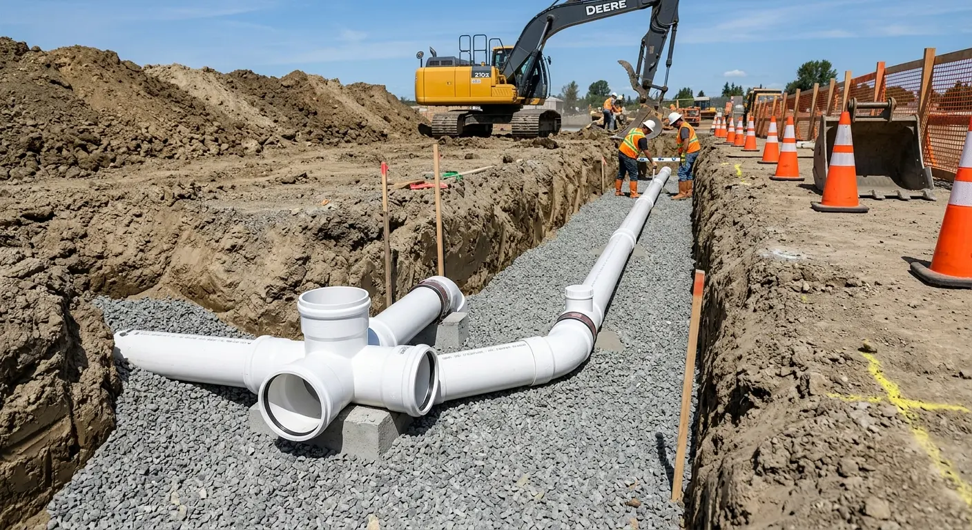 New PVC sewer pipe installation in open trench for Sewer Backup in Applewood