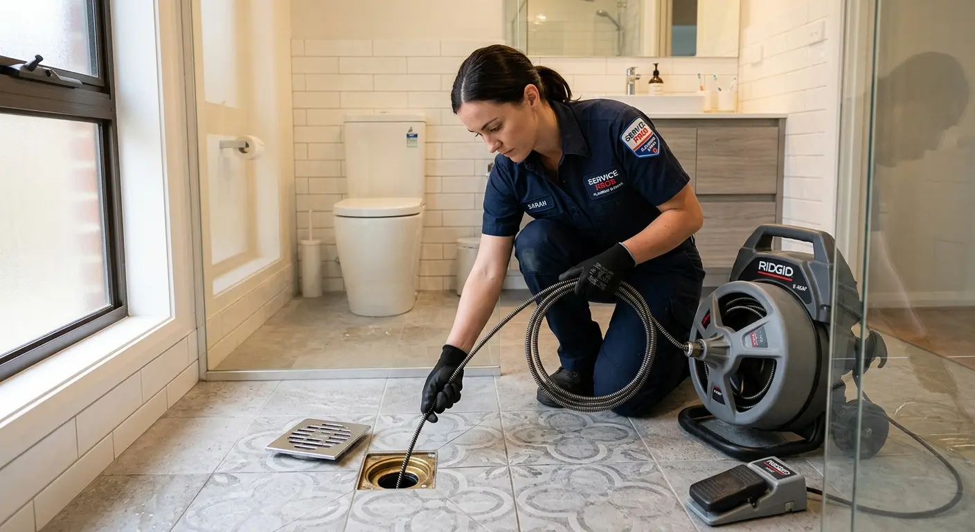 Technician clearing a bathroom floor drain for Drain Cleaning in Applewood